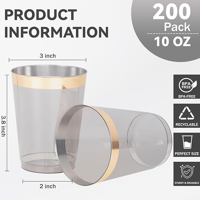 supernal 200 Pcs Gold and Black Plastic Cups,10Oz Gold Rimmed Disposable Cup,Heavy-Dut yPlastic Cocktail Cup for Party,Disposable party Wedding Cups,Perfect for Holiday,Birthday Party