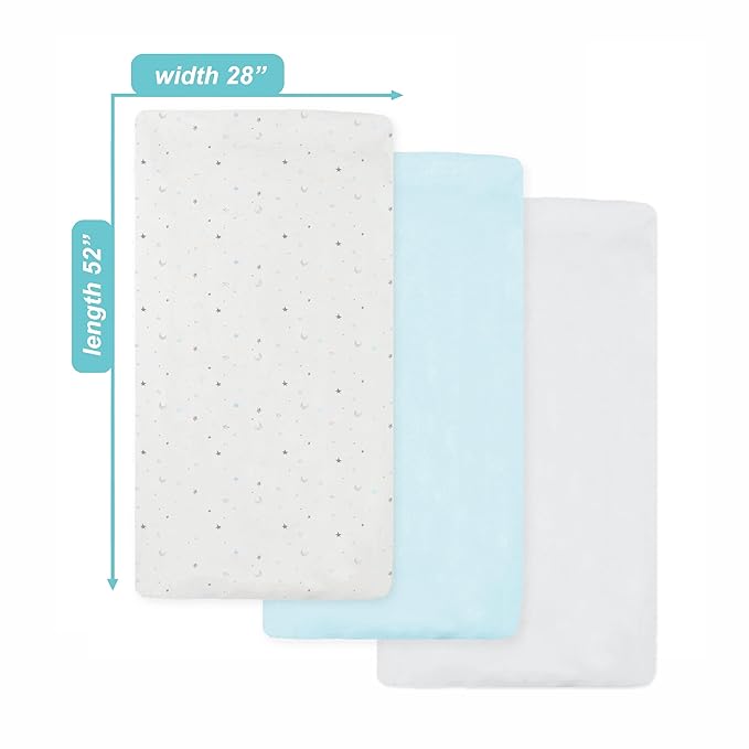 American Baby Company 3 Pack 100% Natural Cotton Fitted Crib Sheets 52" x 28" - Soft, Breathable, Hypoallergenic & Gentle Toddler Bed Sheets, Blue Stars/Blue/White, Neutral for Boys & Girls