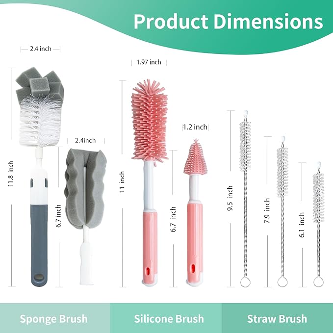 Bottle Cleaning Brush Set, Long Handle Silicone Brush, Detachable Cotton & Nylon Cup Scrubber, Straw Brushes for Baby Bottle, Sippy Cup, Glass Bottle, Tumbler, Tube, Nipple & More