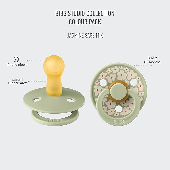 BIBS Pacifiers - Colour Studio 2 Pack | Round Nipple Baby Pacifier | BPA Free Natural Rubber Latex Soother | Made in Denmark | Size 6+ Months | Jasmine Sage
