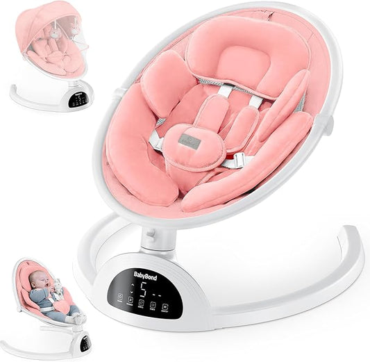 BabyBond Baby Swings for Infants, Bluetooth Infant Swing with Music Speaker, 3 Seat Positions, 5 Point Harness Belt, 5 Speeds and Remote Control - Portable Baby Swing for Indoor and Outdoor (Pink)