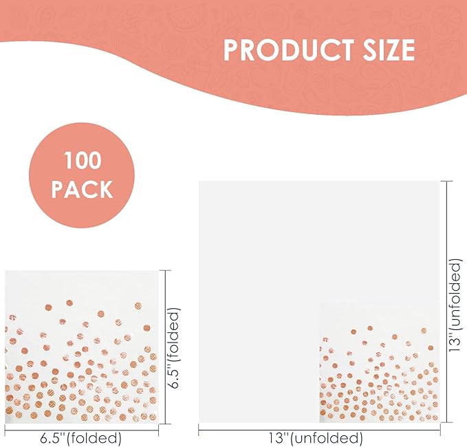 13 x 13 In White and Rose Gold Paper Napkins for Wedding Reception,Disposable Rose Gold Dot Beverage Napkins,50 Pack Cocktail Napkins for Bridal Shower, Birthday Party Supplies