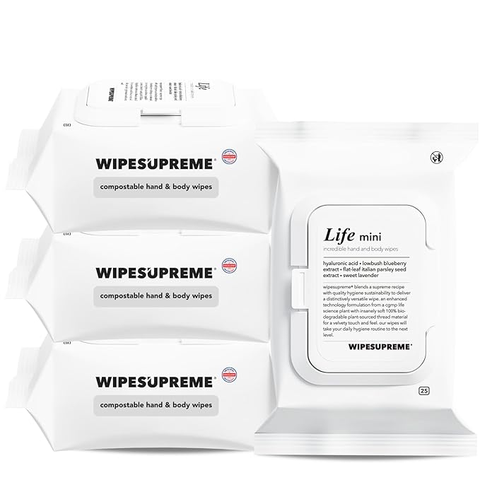 Wipesupreme Compostable Hand & Body Wipes, Hypoallergenic for Sensitive Skin, EWG Verified, Moisturizing with Hyaluronic Acid, Babies to Adults | Travel, 100 Count (4 Pack)