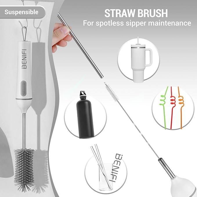 Travelling Electric Bottle Brush Set, Baby Bottle Brush Set, Long Handle Bottle Brush, BPA Free Silicon Bottle Brush, Storage Stand, Milk Mixer, Egg Whisk Included (Gray, Normal)