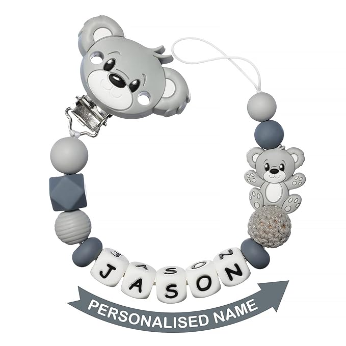 Personalized Pacifier Clip with Name for Baby, Customized Pacifier Clip Fits All Pacifiers, Baby Birthday Gift for Boys and Girls, Bear (Grey)