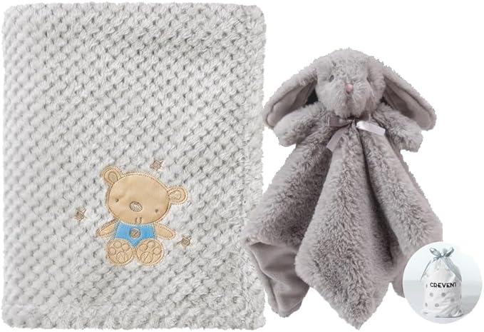 CREVENT Soft Cozy Baby Blankets for Boys Girls + Security Blanket, Set with a Gift Bag Newborn Essentials (Grey)