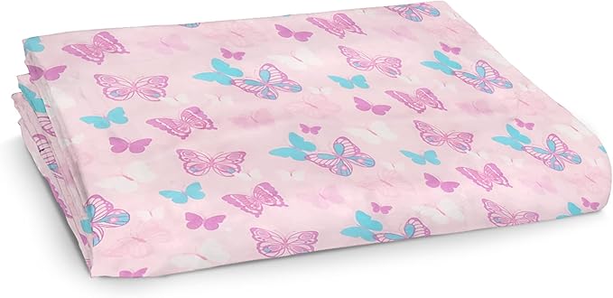 Fitted Crib Sheet Single, 100% Woven Cotton, Toddler Fitted Sheet, Fits Standard Size Baby Mattress 28 x 52 x 8in, Butterfly (Pink)
