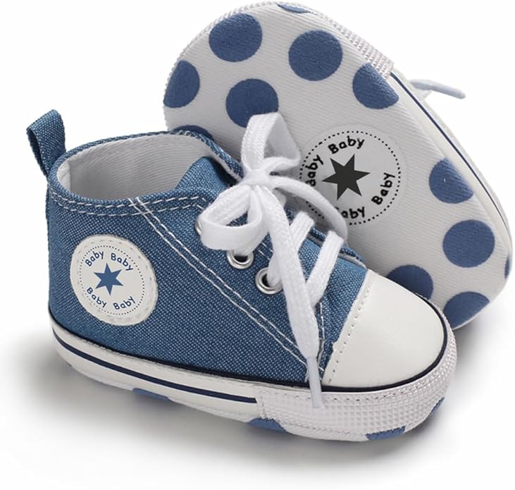Unisex Baby Boys Girls Shoes, Newborn Infant Non-Slip Canvas Denim High Top Sneakers, Toddler First Walkers Shoes