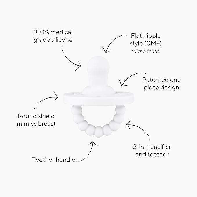 Ryan & Rose Cutie PAT Pacifier Teether 3 Pack and Flex Clip (Flat, White)