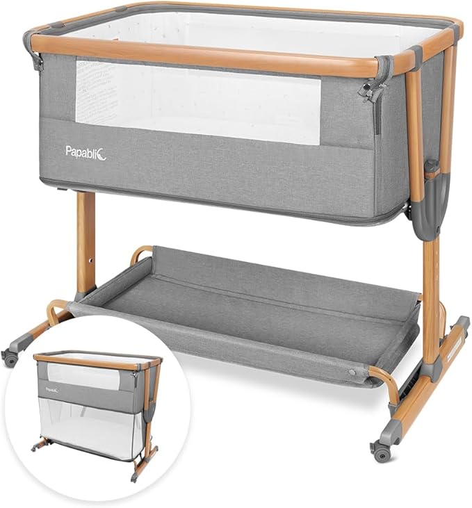 Papablic 4 in 1 Baby Bassinet, Bedside Bassinet for Baby, Adjustable Rocking Bassinet Bedside Sleeper with Soft Mattress & Storage Basket, Easy to Assemble