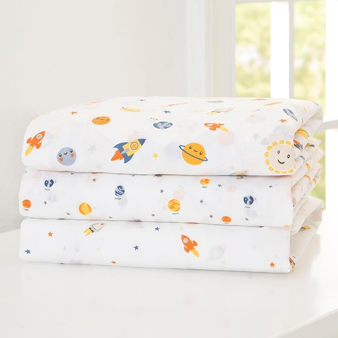 Delta Children Fitted Crib Sheets for Girls and Boys - Crib Sheet for Standard Crib and Toddler Mattresses - 28x52 Inch (Pack of 3), Space Exploration