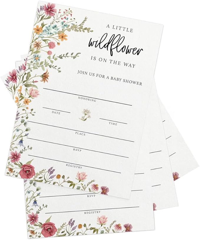 Printed Party Baby Shower Invitations with Envelopes – Wildflower Theme for Girl, Baby In Bloom Sprinkle, Set of 30