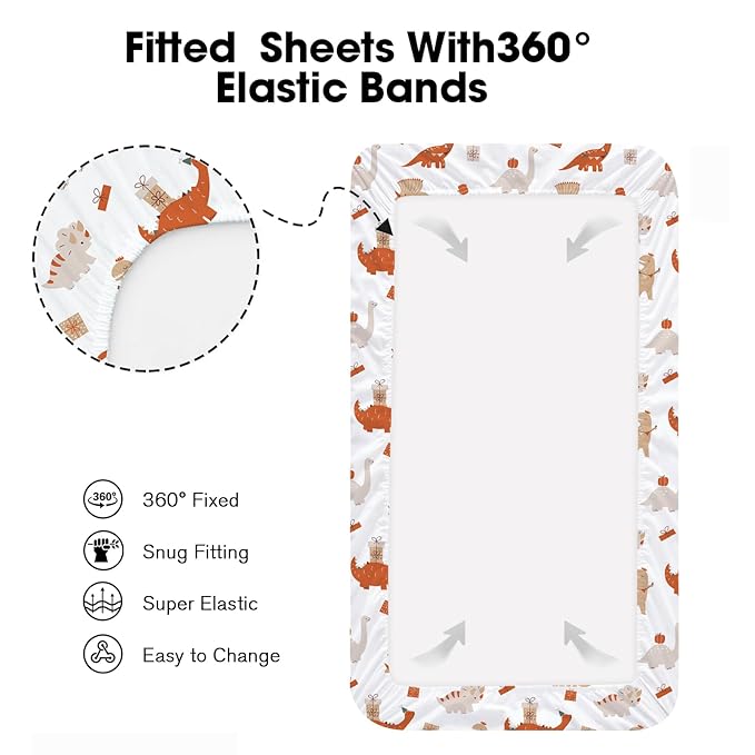 Bimocosy Mini Crib Sheets,Pack and Play Sheets for Baby Girl Boy 4 Pack,Size 38"x 26" for Playard Mattress,Portable Mini Crib,Soft Pack N Play Sheets Fitted, Dinosaur/Leaves/Khaki/Ivory