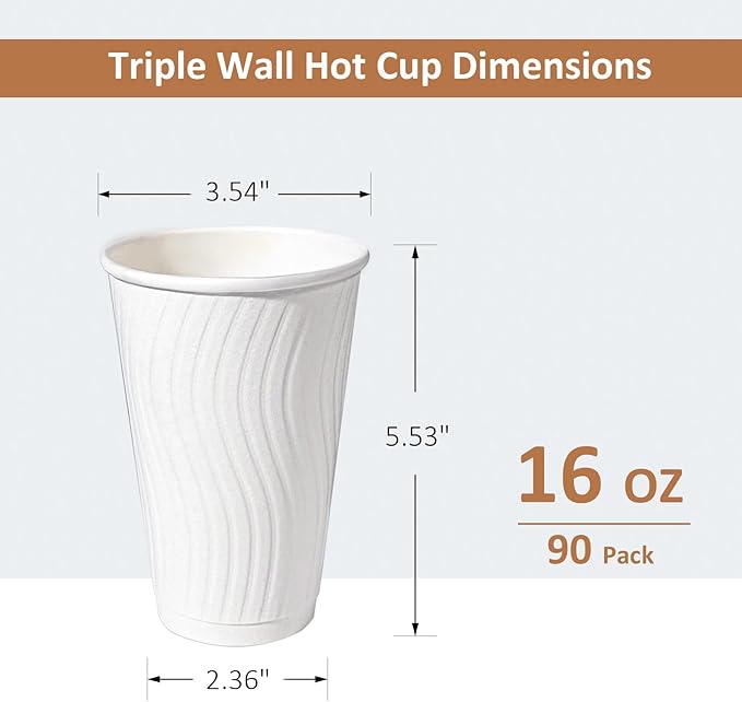 Dispoable Coffee Cups 16 oz 90 Pack, Heavy Duty Paper Coffee Cups 16 oz Insulated Hot Paper Cup for Hot Chocolate, Tea, Office, Wedding, White