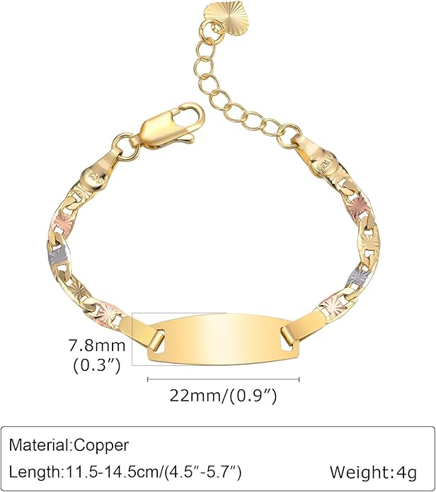 Personalized Baby ID Bracelet - 18K Gold Plated Tri-Color Chain Custom Name ID Plate Bar Bracelet for Children Toddler from Mom,Engraved Kid Name Customized Birthday,Back To School Gift for Daughter