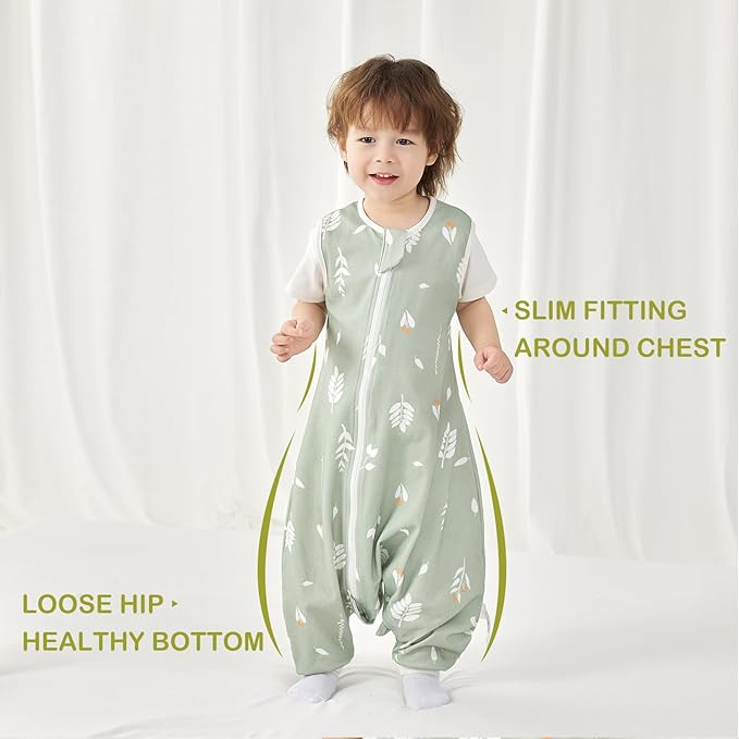 2 Pack Super Soft 0.5 TOG Sleep Sack with Legs, 100% Organic Cotton Side Open Toddler Sleep Sack with Feet, Foliage & Bear, Size L