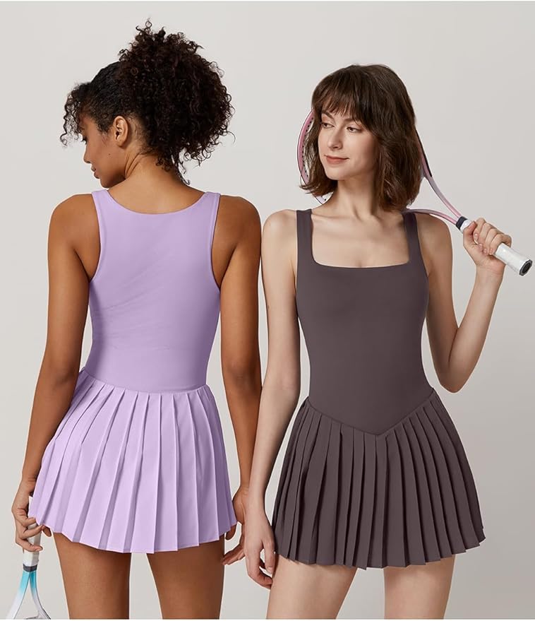 QINSEN Womens Square Neck Tennis Dress Pleated Sleeveless Built in Shorts Golf Athletic Dress with Pockets