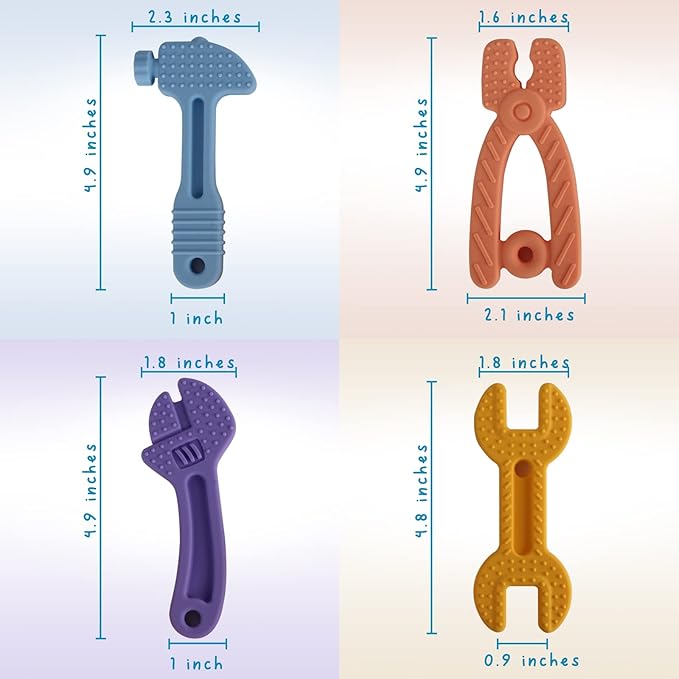 Fu Store 8 Pack Soft Silicone Teething Toys for 0-12Months 6-24 Months Toddlers Infant Hammer Tools Shape Baby Teethers Relief Soothe Babies Gums Set