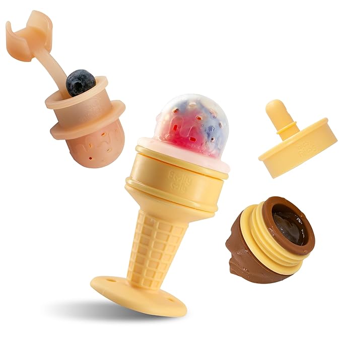 Smily Mia Baby Fruit Food Feeder & Freezer Teether Combo, ICY Bite Ice Cream Teether for Baby Cooling Relief, BPA Free Silicone Feeder for Safe Infant Self Feeding,3 Month+,Choclate Brown