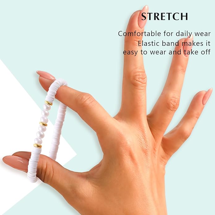 Friendship Bracelets Trendy Heishi Clay Bead Bracelets Stack Gold Beaded Stretch Bracelets for Women Boho Stackable Bracelets Bulk Cute Preppy Jewelry