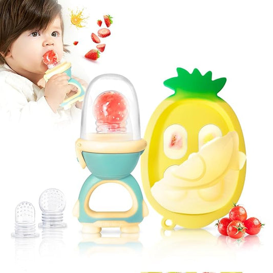 Baby Fruit Food Feeder - Silicone Nibble Tray Combo - Breastmilk Popsicle Mold for Cooling Relief, BPA Free Mesh Feeder for Infant Self Feeding (Robot Green + Pineapple)