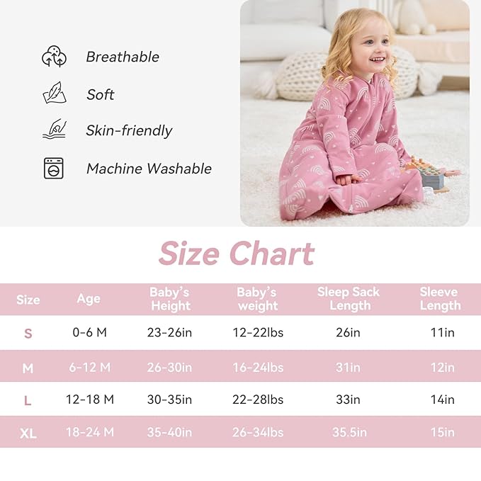 Baby Sleep Sack 6-12 Months, Long Sleeve Baby Wearable Blanket 0.5 Tog with Mittens, 2-Way Zipper Infant Cotton Sleeping Sack for Boy and Girl Pink Rainbow 2 Pack (Medium)