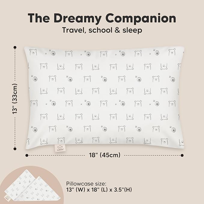 Toddler Pillow with Pillowcase - 13x18 My Little Dreamy Kids Travel Bed Pillows for Sleeping, Organic Cotton Small Pillowcase, Soft & Breathable, Machine Washable, Toddlers 2-5 years old (Bumble Bear)