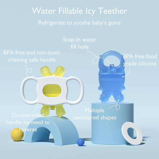 Momcozy Baby Teether Toys, Water Fillable Silicone Cold Baby Teething Toys Chill Teether, Baby Water Teether for Teething Relief 0-12 Months, Green and Pink 2 Pcs