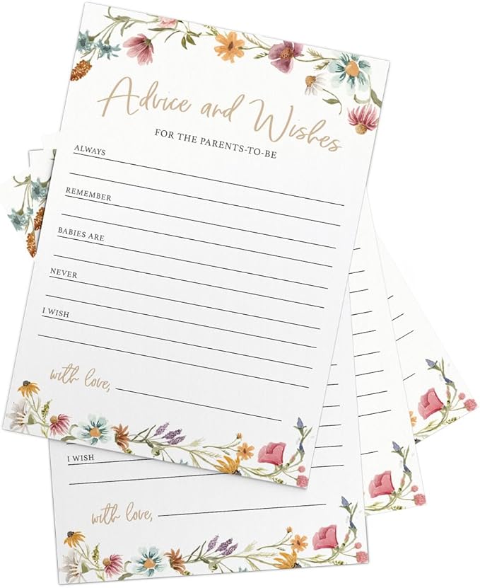 Printed Party Advice & Wishes for The New Parents – Baby Shower Advice Cards, Wishes for Mommy & Daddy, Gender Reveal Boy or Girl, Wildflower Garden Theme, 30 Cards