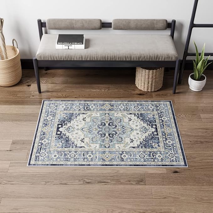 Dripex Vintage Washable Area Rug - 2x4 Indoor Door Mat Oriental Medallion Accent Throw Rug Distressed Foldable Non-Slip Low-Pile Bathroom Kitchen Rug for Entryway Laundry Room Living Room Bedroom