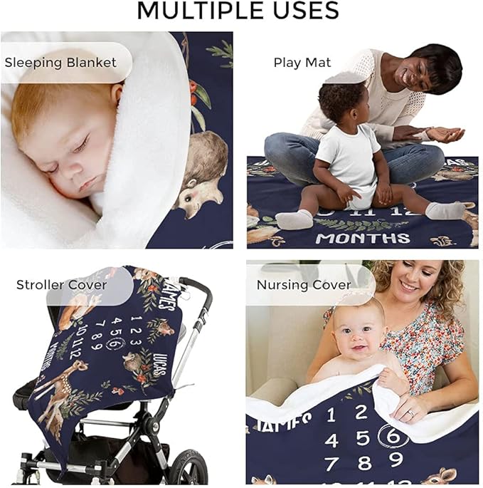 MDPrints Personalized Twin Milestone Blanket, Custom Monthly Baby Blankets with Name for Boys and Girls, 30x40 & 50x60inch Soft Plush Fleece (Dark Blue)