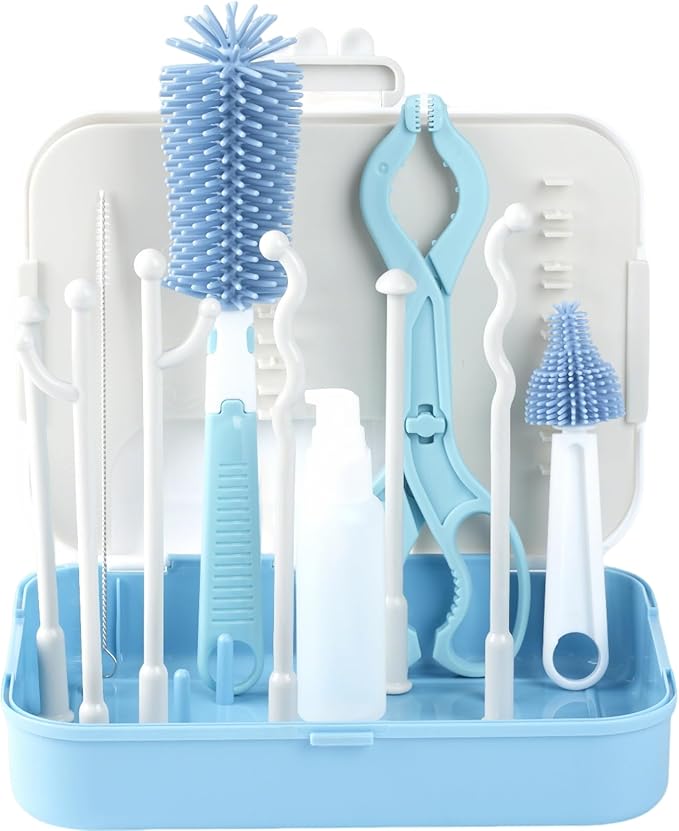 6-in-1 Baby Bottle Cleaner Set, Including Nylon & Silicone Bottle Brush, Cap, Straw & Nipple Brushes, BPA-Free (Blue