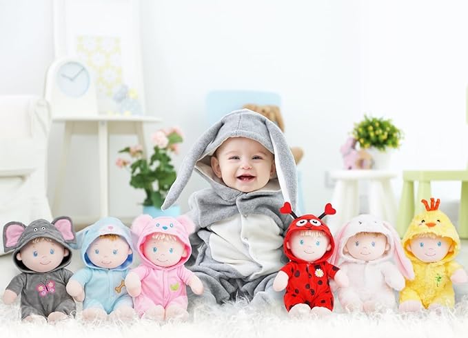 June Garden 12" Sweet Dolly Fuzzy - Stuffed Ultra Soft Baby Bear Doll for Birth and Up - Removable Blue Outfit