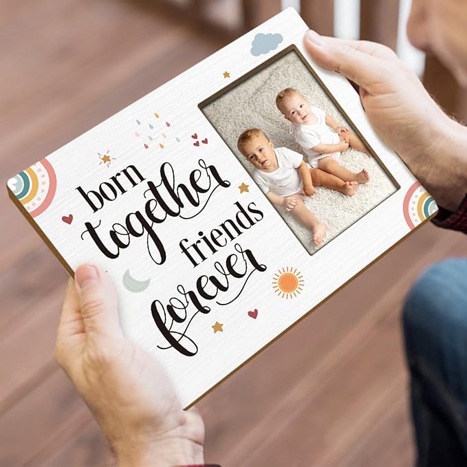 Twins Baby Picture Frame, Born Together Friends Forever, Photo Frame for New Baby, New Baby Gift Twin Baby Gifts for New Mom Dad, 4x6 Wooden Photo Frame For Wall Tabletop Display /021