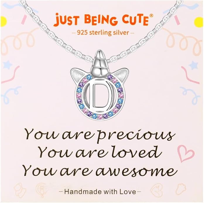 Unicorn Necklace for Girls, Initial Necklaces for Little Girls Kids Children, Hypoallergenic 925 Sterling Silver Kids Jewelry Colorful CZ Unicorn Gifts for Birthday Kindergarten Graduation Wedding