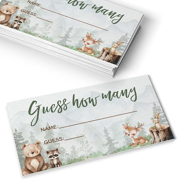 Printed Party Baby Shower Games – Woodland Adventure Candy Jar Guessing Game, Forest Animal Theme, 30 Guess How Many Cards & Matching Display Sign