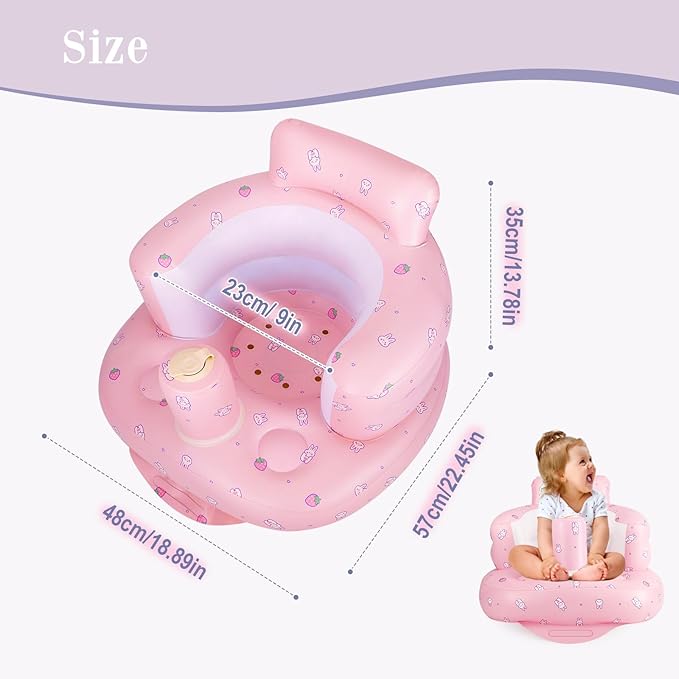 Inflatable Baby Chair, Inflatable Baby Seat for Babies 3 Months and Up, Summer Blow Up Chair with Built in Air Pump, Infant Floor Seats for Learning to Sit, Palying, Camping, Strawberry