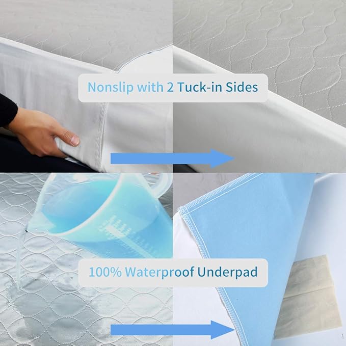 Reusable Bed Pad (XL 36×60 Inch) - Waterproof, Washable and Nonslip Incontinence Underpads with Tuck-Ins for Adults and Pets (Full, Queen)