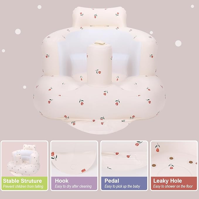Inflatable Baby Chair, Inflatable Baby Seat for Babies 3 Months and Up, Summer Blow Up Chair with Built in Air Pump, Infant Floor Seats for Learning to Sit, Palying, Camping, Tulip