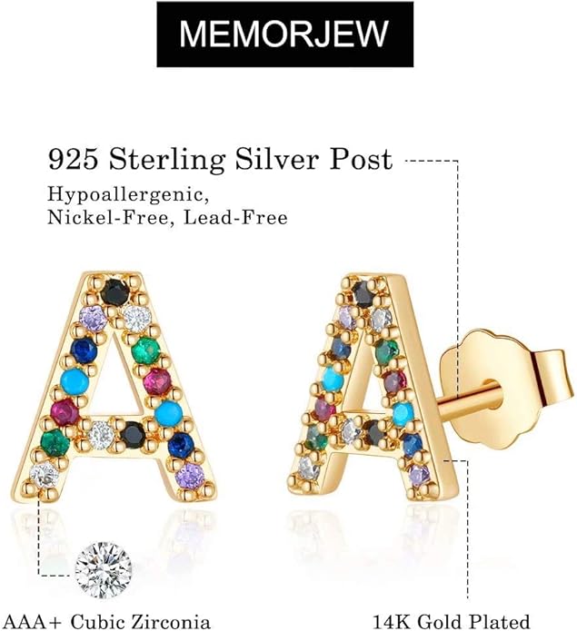 Memorjew Initial Stud Earrings for Women, Hypoallergenic 925 Sterling Silver Post Rainbow Cubic Zirconia Gold Plated 26 Initial Earrings for Women Jewelry Gifts