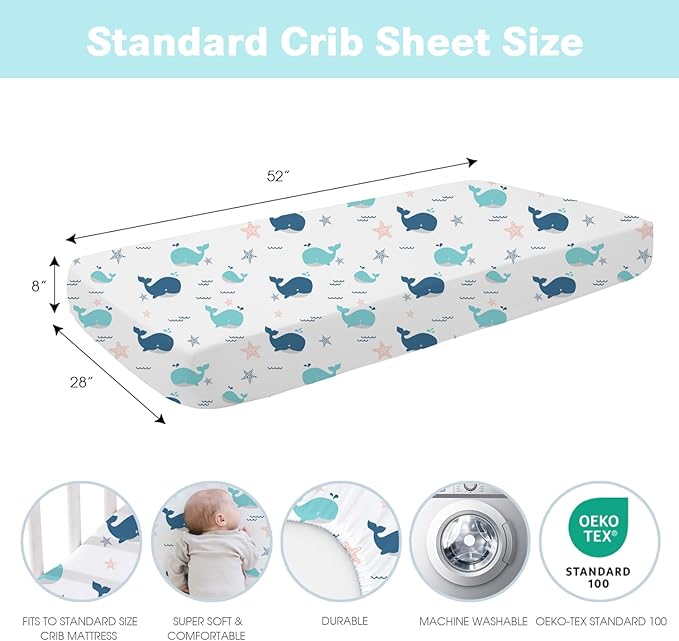 Little Grape Land Toddler Sheets 2 Pack – Baby Crib Sheets Fitted for Boys Girls, Standard Size 28x52‘’ Crib Mattress, Super Soft Breathable Washable Microfiber (Whale/Little Bear)