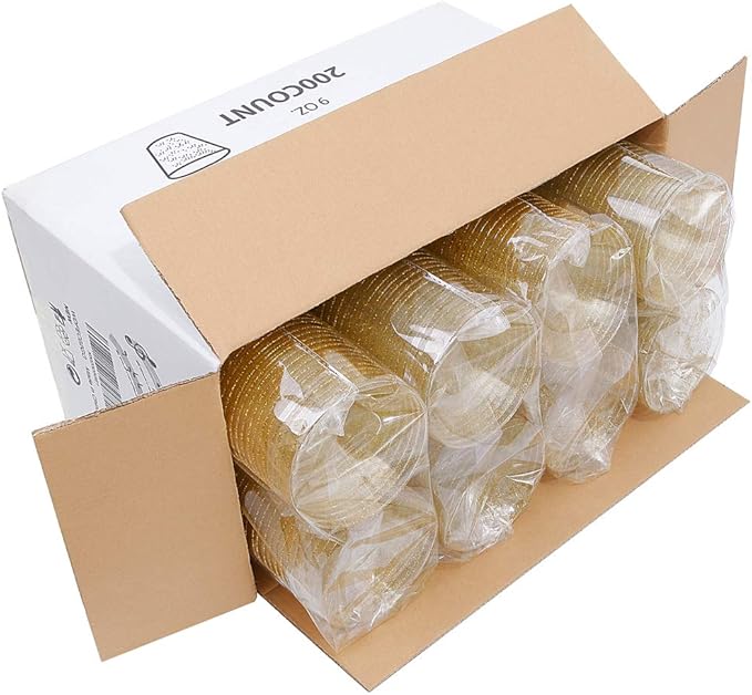 WDF 200pcs 9OZ Gold Cups,Disposable Premium Wedding Gold Glitter Plastic Cups for Thanksgiving Party