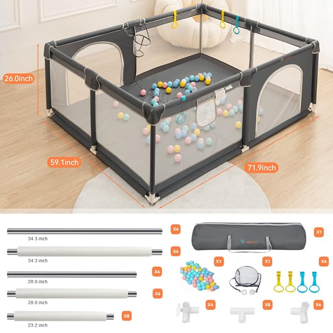 COMOMY Playpen for Babies and Toddlers, 71"x59" Extra Large Baby Playard, Safe Non-Slip Fence, Full Mesh Design, Indoor & Outdoor Kids Activity Center, Dark Grey