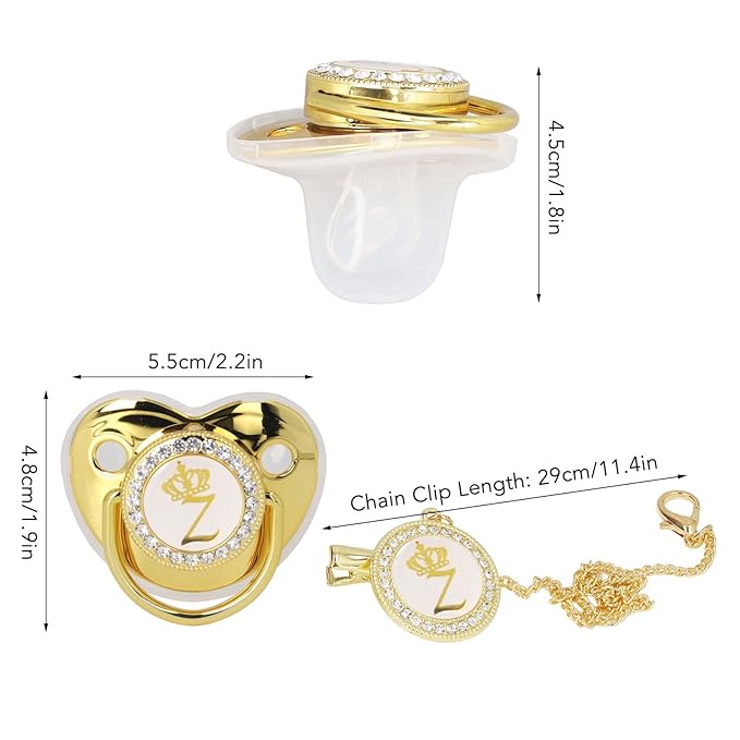 Personalized Golden Letter Baby Pacifier with Bling Design, Clips, Anti-Dust Cover for Newborn Photography, Letter Z