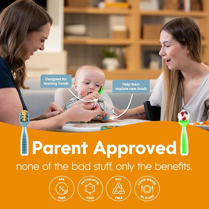 NumNum Baby Spoons Set, Feeding Littles x Silicone Pre-Spoon GOOtensils for Baby Led Weaning, Self-Feeding & Teething, First Stage Toddler Utensils for Ages 6+ Months, 3-Pack, BPA-Free (Neon)
