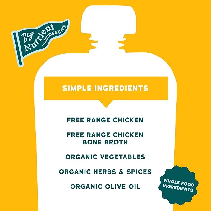 Serenity Kids 7+ Months Chicken Puree Pouch with Bone Broth - Pasture-Raised Turmeric & Veggie Blend - Clean Label Project Purity Award Certified - 3.5 Oz, 12 Pack