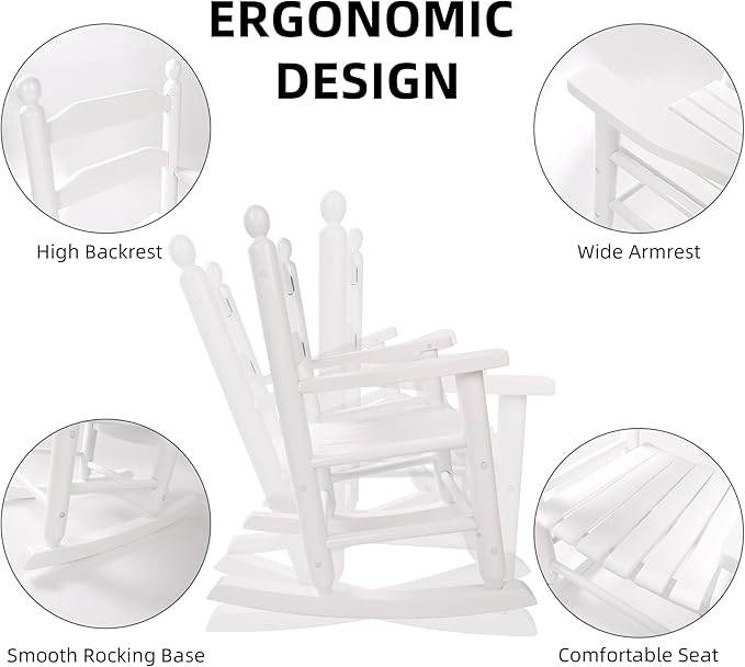 Toddler Rocking Chair Set of 2 Wooden Comfy Recliner Rocker for Kids Ages 3-6 Baby Lounge Chair Indoor Outdoor Girls Children’s Playroom White