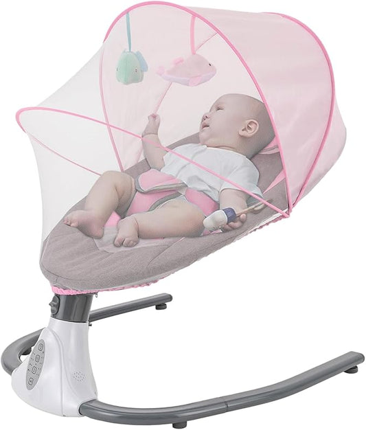 Electric Baby Swings for Infants, Pink Baby Swing with Remote Control, 5 Sway Speeds, Built-in 12 Lullabies, Compact Automatic Toddler Rocker for 0-18 Months & Max39Lbs