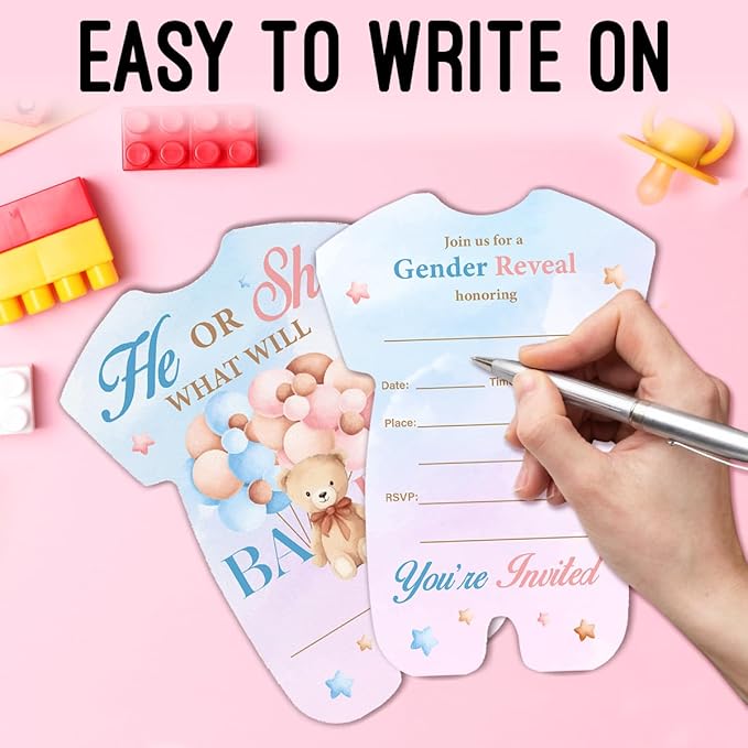 LyoGao Bear Gender Reveal Invitations - Balloon Bear He or She Baby Shower Party Fill in Invites Cards With Envelopes (20 Pack)