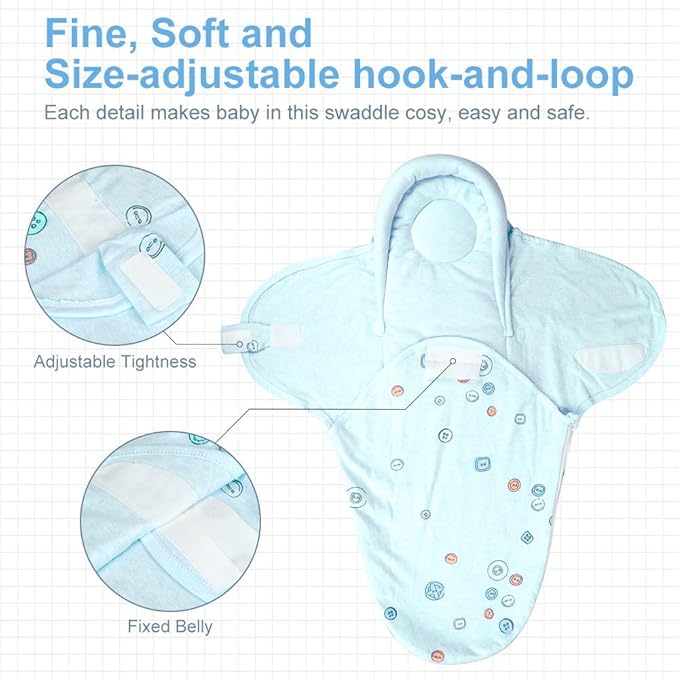 Organic Cotton Baby Swaddle Blankets, Unisex Baby Blanket Wrap for Newborn Baby Boys Girls, Skin Friendly Wearable Swaddling Sleep Sack Calms Startle Reflex (Button, Blue, 0-3 Months + 3-6 Months)